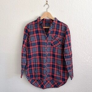 J.Jill Soft Country Cotton Flannel Button Up Tunic Top Red Navy White Plaid XS